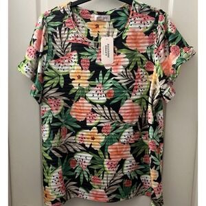 Allison Daley Womens Top Size Plus 2X Tropical Fruit Short Ruffle Sleeve E27